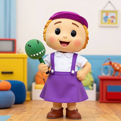 CGI cartoon of a cheerful, blonde-haired child in a purple dress, white shirt, and brown shoes, holding a green mallet with teeth,