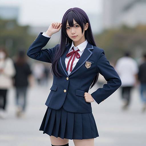 Digital anime-style photograph of a young Asian woman in a black school uniform, red ribbon, pleated skirt, standing confidently outdoors.