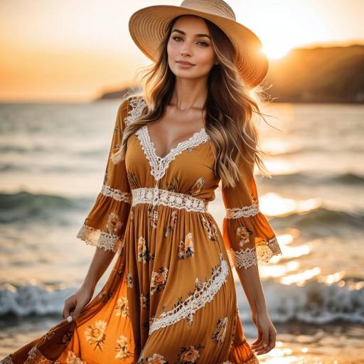 Woman in Floral Dress by Ocean at Sunset