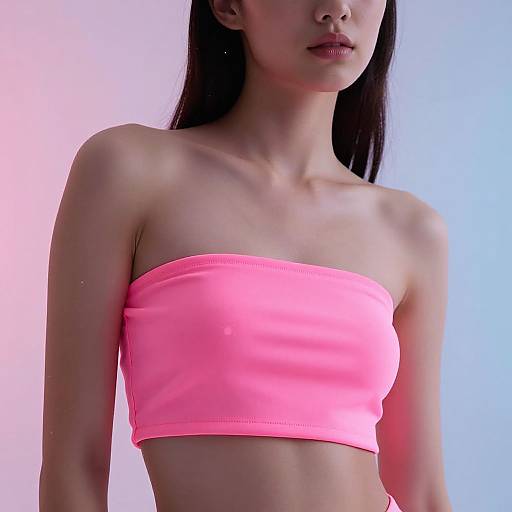 Photograph of an Asian woman with long black hair, wearing a bright pink strapless tube top, against a gradient pink-blue background.