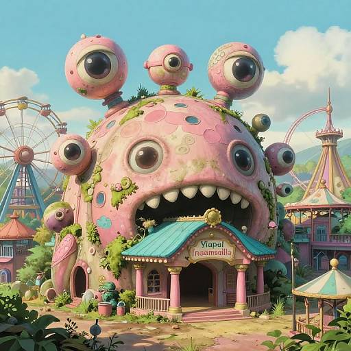 Digital art of a whimsical, pink, multi-eyed monster house with large mouth, surrounded by carnival rides and lush greenery. 