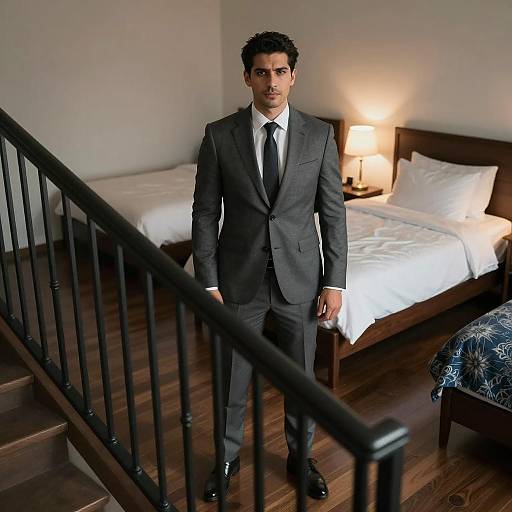 Confident Man at Dimly Lit Staircase