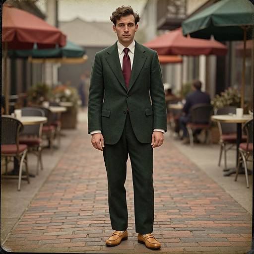 Photograph of a handsome, dark-haired man in a dark green suit, white shirt, maroon tie, and tan shoes standing on a cobble
