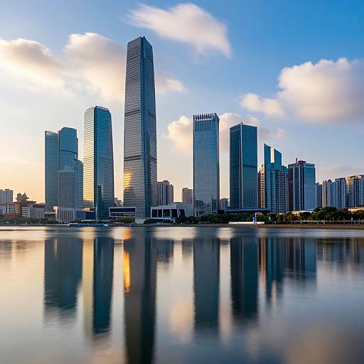 Photograph of a modern city skyline at sunset, featuring tall, reflective skyscrapers with blue glass windows, mirrored in a calm water body, against