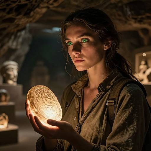 Photograph of a woman with green eyes holding a glowing, ancient coin in a dimly lit, cave-like museum. She wears a dark, weather