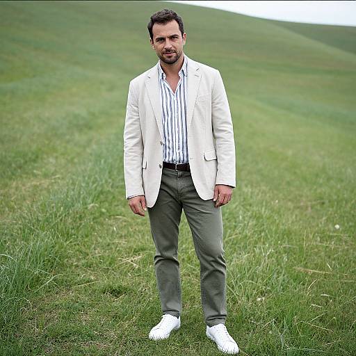Photograph of a bearded man with short dark hair, wearing a white blazer, striped shirt, gray pants, and white shoes, standing in