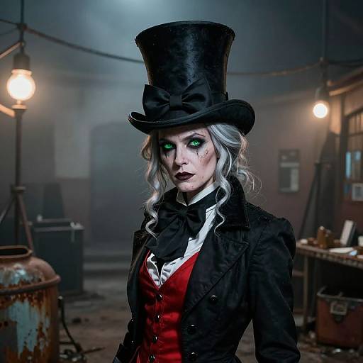 Photograph-style digital artwork of a pale woman with green eyes, wearing a tall black top hat, black jacket, red vest, and white shirt,