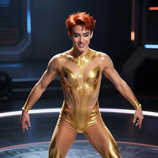 Male Cyber-Ballet Dancer in Golden Futuristic Catsuit