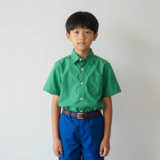 Young Asian Boy in Green Shirt and Blue Pants