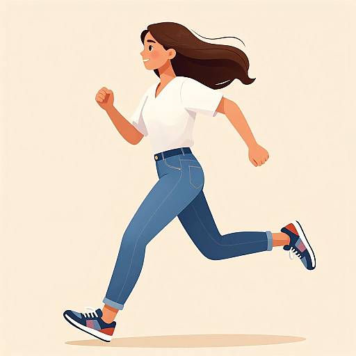 Digital illustration of a smiling woman with long brown hair, wearing a white shirt, blue jeans, and sneakers, running against a white background.