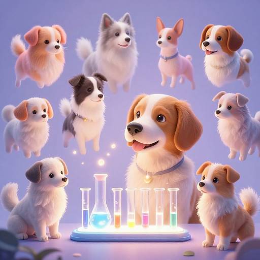 Digital illustration of fluffy, cartoon puppies with colorful fur, surrounding a central brown and white puppy mixing colorful liquid in beakers. Blue gradient background. Wh