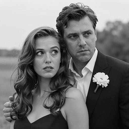 Black and White Portrait of Couple with Serious Expressions
