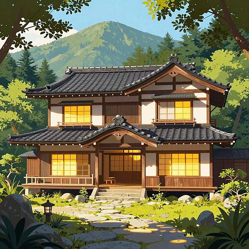 Digital artwork of a traditional Japanese house with warm yellow lights, surrounded by lush greenery and mountains, under a clear blue sky.