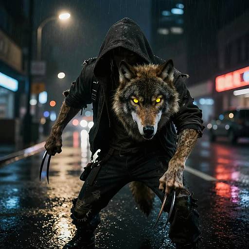 Cyberpunk Wolf Hybrid in Neon Night