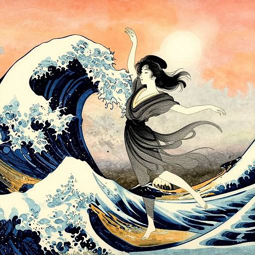 Digital art of a wind-swept woman in a flowing black dress standing on a wave, with a towering blue wave behind her against an orange sunset