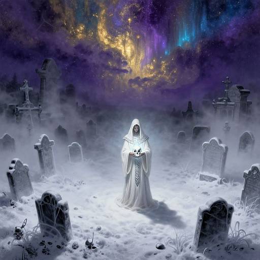 Mysterious hooded figure in glowing white robe stands in moonlit, foggy graveyard with eerie, colorful aurora sky in background. Digital art.