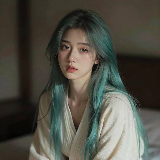 Young Woman with Teal Ombré Hair in Soft Light