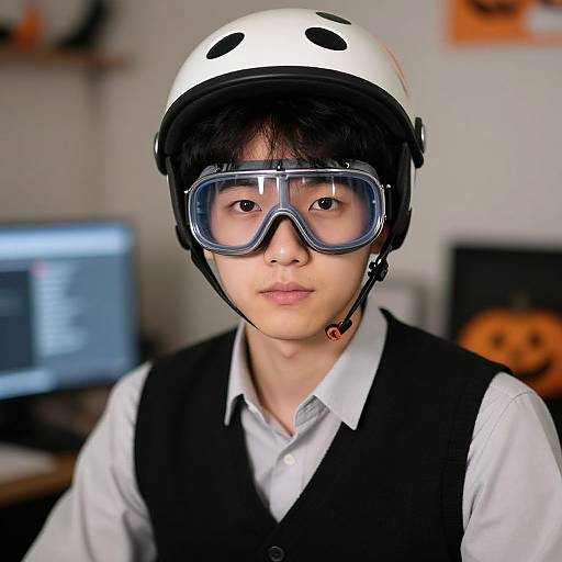 Photograph of an Asian male with short black hair, wearing a white helmet, large blue goggles, black vest, and white shirt, in a blurred