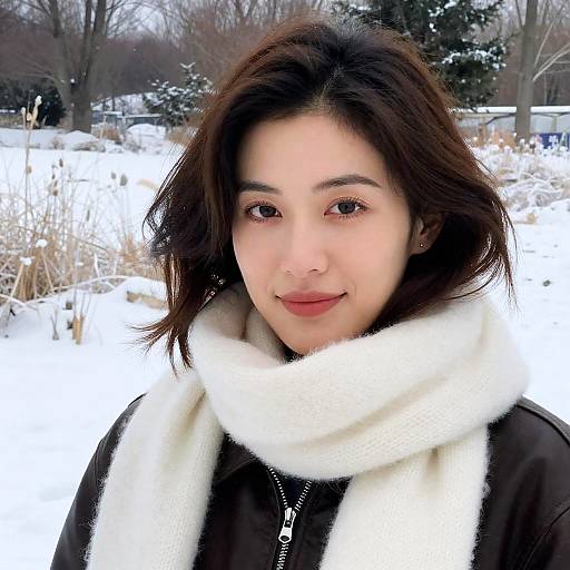 Woman in White Scarf and Leather Jacket in Snowy Field