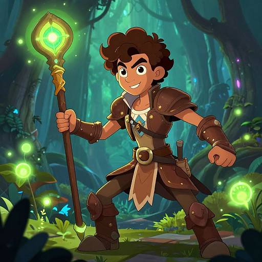 Cartoon-style image of a curly-haired, smiling young adventurer with dark skin holding a glowing staff in a mystical forest.