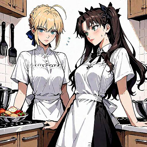 Worried Apron Duo in Busy Kitchen