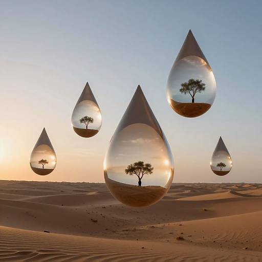 Digital artwork: Clear, teardrop-shaped bubbles float above a desert landscape with a single tree in each bubble, reflecting sunset sky and dunes.
