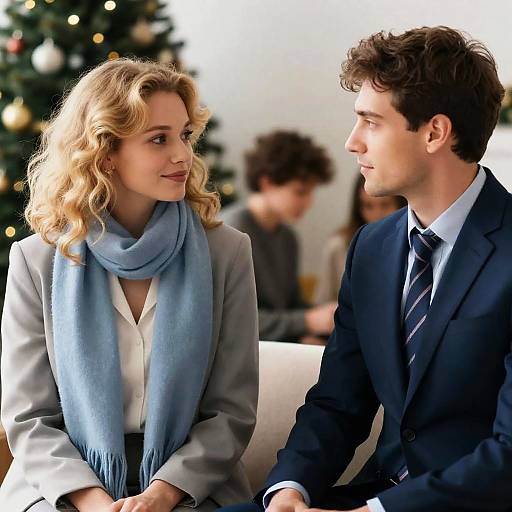 Photograph of a blonde woman in a white blouse and blue scarf, and a dark-haired man in a suit and tie, smiling at each other in