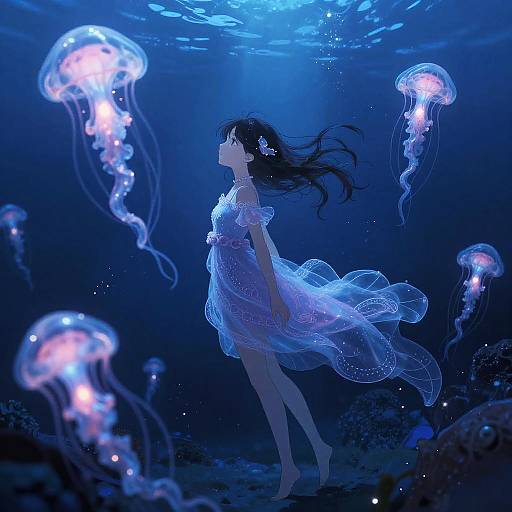 Anime Girl in Bioluminescent Underwater