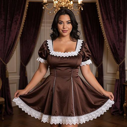 Photograph of a curvy Latina woman with dark wavy hair, wearing a brown satin maid dress with white lace trim, standing in an opulent