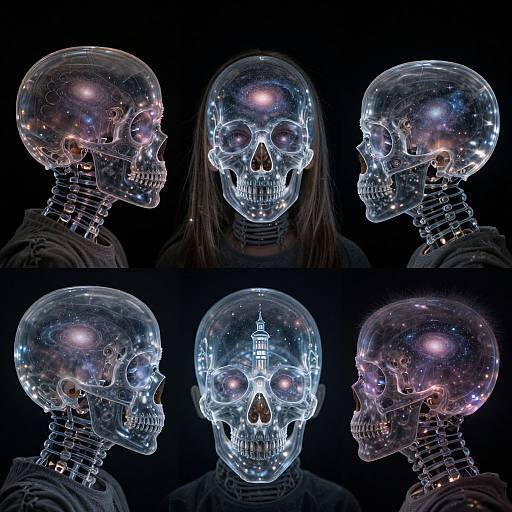 Digital CGI image of three glowing, transparent skulls with intricate internal lights, showing detailed bone structure and a central skull with a lit church in its brain.