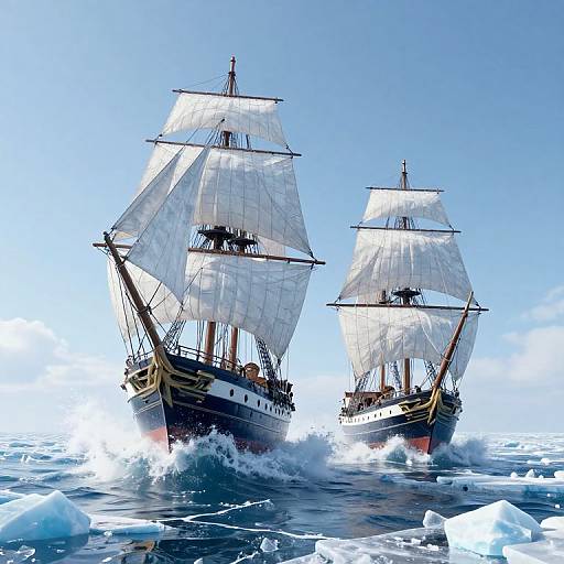 Photograph of two historic wooden sailing ships with white sails, navigating icy waters under a clear blue sky. Ships create splashes as they move through floating
