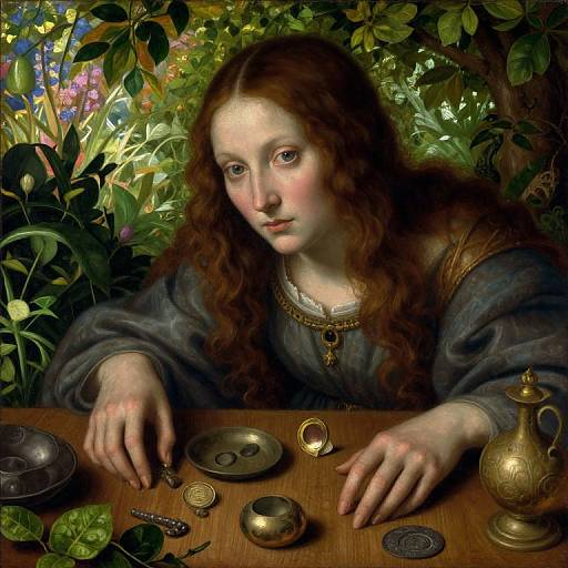 Digital painting of a fair-skinned woman with long red hair, wearing a blue dress, surrounded by lush greenery, examining coins and a teapot