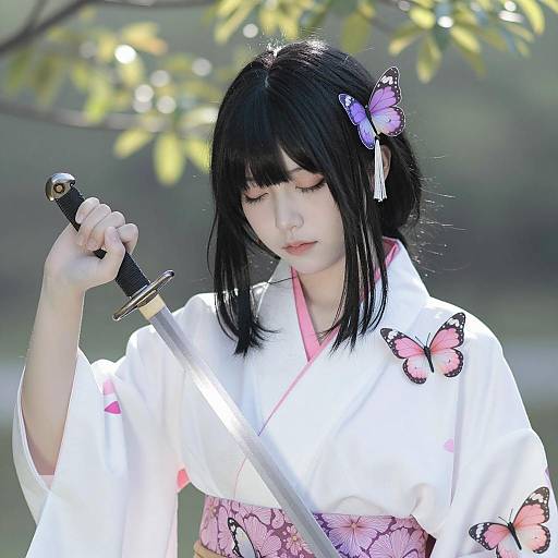 Cosplayer in White Kimono with Sword and Butterfly Hairpieces