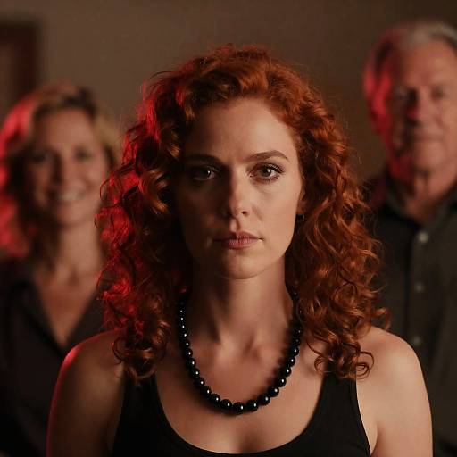 Serious Red Haired Woman with Black Bead Necklace