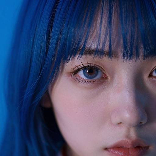 Close-up photograph of an Asian woman with vibrant blue hair, fair skin, and striking blue eyes, against a blue background.