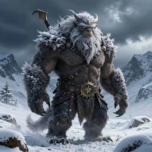 Digital art: Muscular, furry, blue-eyed wolf-man warrior in snowy mountains, wearing fur armor, belt with gold emblem, and horned helmet