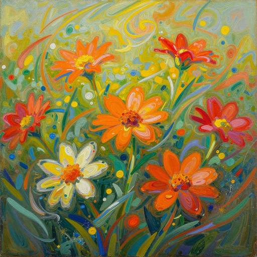 Vibrant, abstract painting of colorful flowers with swirls and dots in red, orange, yellow, and green on a textured, expressive canvas.