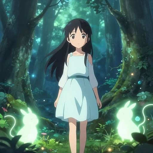 Anime-style digital drawing of a young girl with long black hair, wearing a white off-shoulder dress, walking through a mystical forest with glowing white