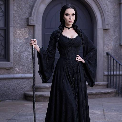 Photorealistic CGI of a pale-skinned woman with black hair in a gothic, long-sleeve black dress, holding a cane, standing