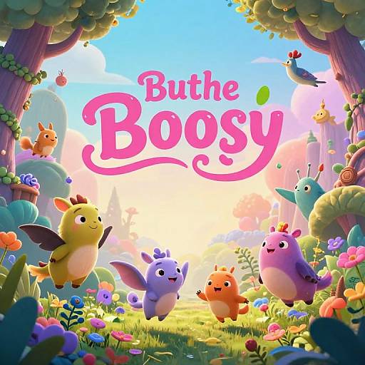 Whimsical digital art of colorful, chubby, cartoon animals in a vibrant garden with flowers, trees, and a bright blue sky. 