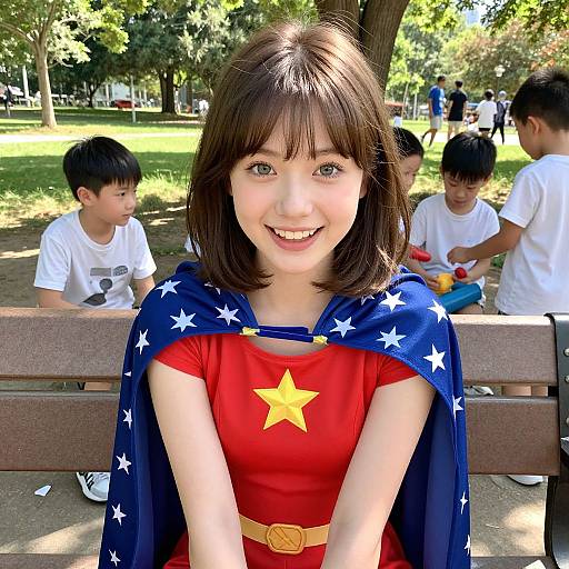 Photograph of a smiling Asian girl with brown hair, wearing a red Wonder Woman dress and blue star-spangled cape, sitting on a park bench with