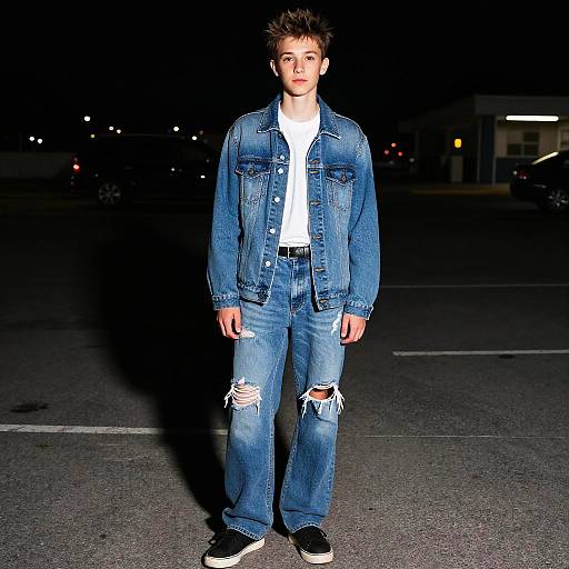 Photograph of a young man with spiky brown hair, wearing a blue denim jacket, white shirt, ripped blue jeans, and black sneakers, standing