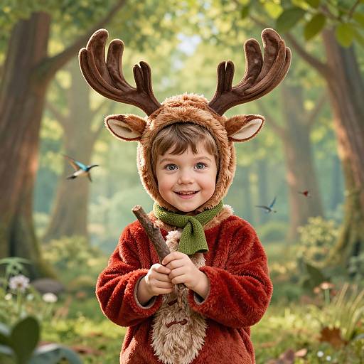 Photograph of a smiling young boy with brown hair, wearing a reindeer onesie, holding a stick, in a sunlit forest. Birds fly