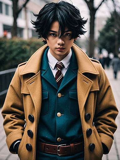 Young man in stylish hero academia inspired costume outdoors