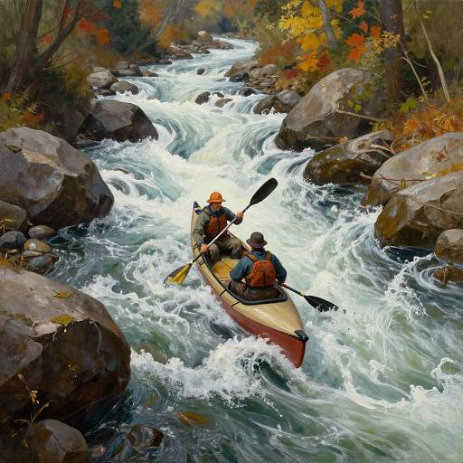 Photograph of two kayakers in orange vests paddling a red kayak through a fast-flowing, rocky river with autumn-colored trees.