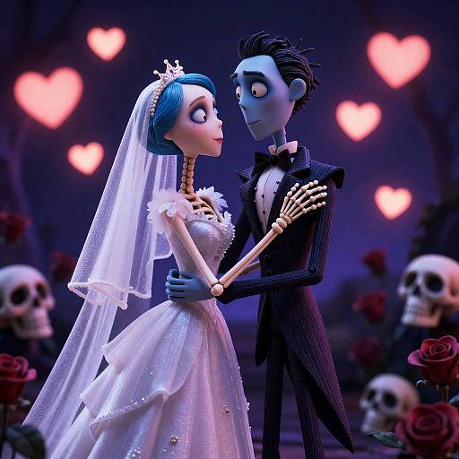 Skeleton Bride and Human Groom Embracing
