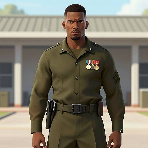 Digital CGI image of a muscular, dark-skinned male soldier in olive green uniform with medals, standing sternly in front of a blurred building.