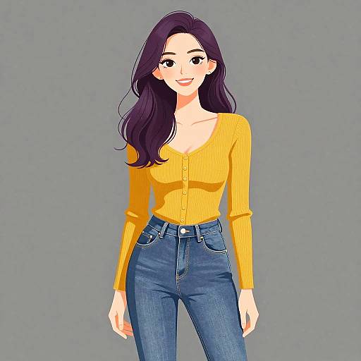 Digital anime-style drawing of a smiling woman with long purple hair, wearing a yellow long-sleeve cardigan and high-waisted blue jeans,