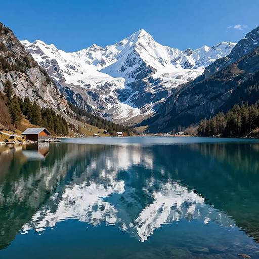 Photograph of a serene mountain lake with clear blue water, reflecting snow-capped peaks and a small wooden cabin on the left.