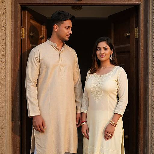 Photograph of a tall, handsome Indian man in a white traditional kurta and a beautiful Indian woman in a white embroidered kurti standing in a